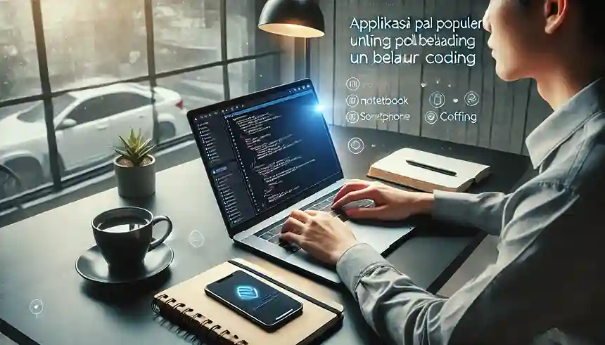 Aplikasi Paling Populer Untuk Belajar Coding - Seorang pemula belajar coding menggunakan laptop di lingkungan modern.